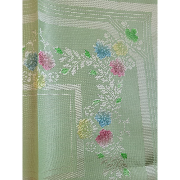 Vtg Table Cloth Napkins Set Green Floral Hand Painted Combed Yarns Damask - Picture 12 of 13